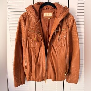Michael Kors Genuine Leather Hooded Moto Jacket